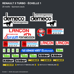 KIT002 – contenu des 29 motifs sponsors pour Renault 5 Turbo réelle, lettrages Renault-Nicolas séparés, sans panneaux de numéro.