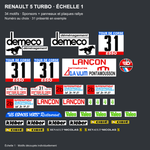KIT002 – contenu des 34 motifs pour R5 Turbo réelle : 29 sponsors, trois panneaux et deux plaques rallye au numéro de votre choix.