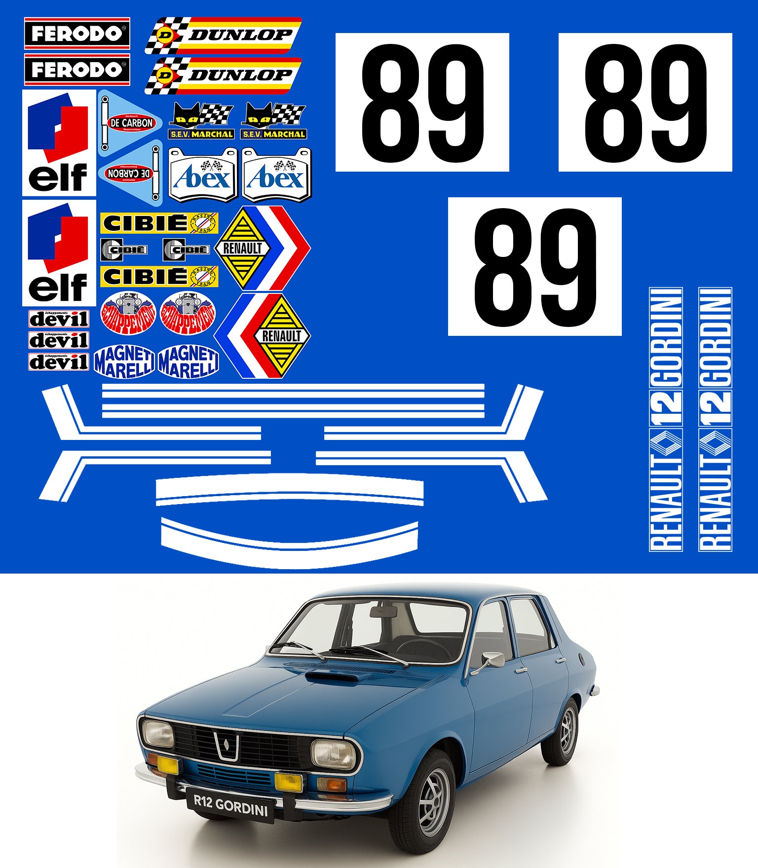 KIT STICKERS SPONSORS + BANDES + NUMEROS POUR RENAULT 12 GORDINI - Ref : KIT001