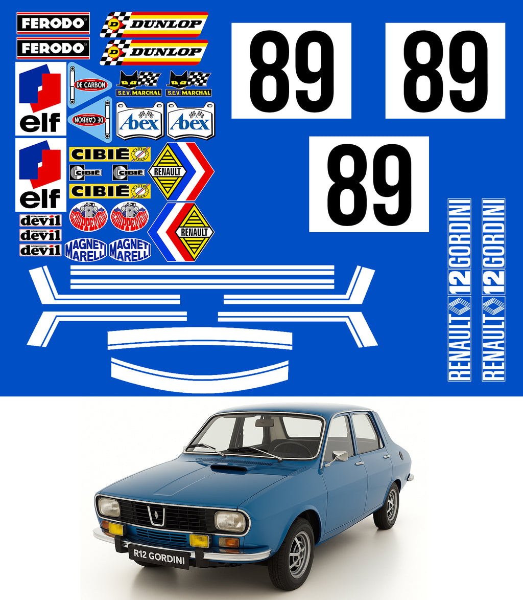KIT STICKERS SPONSORS + BANDES + NUMEROS POUR RENAULT 12 GORDINI - Ref : KIT001