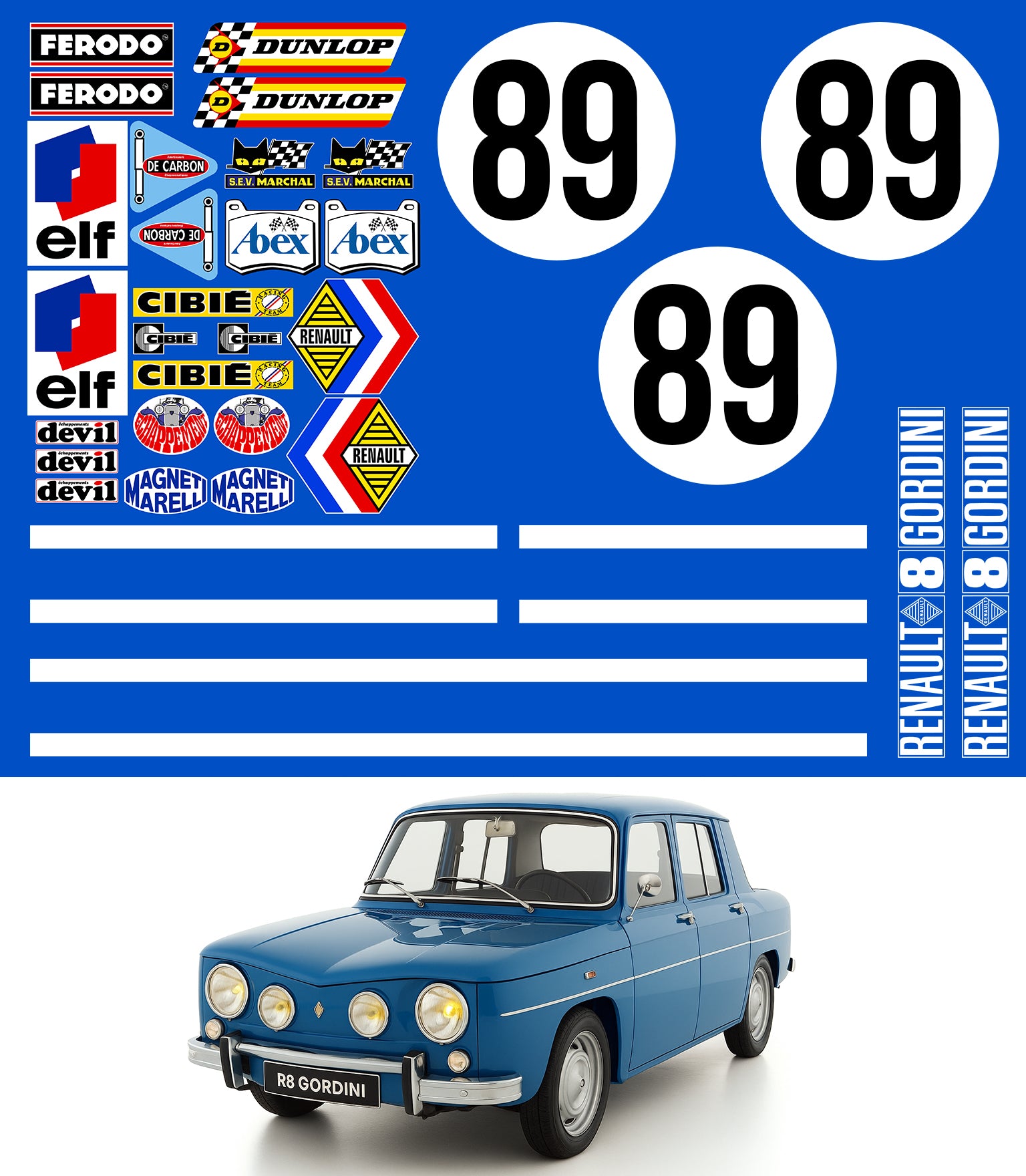 KIT STICKERS SPONSORS + BANDES + NUMEROS POUR RENAULT 8 GORDINI - Ref : KIT001