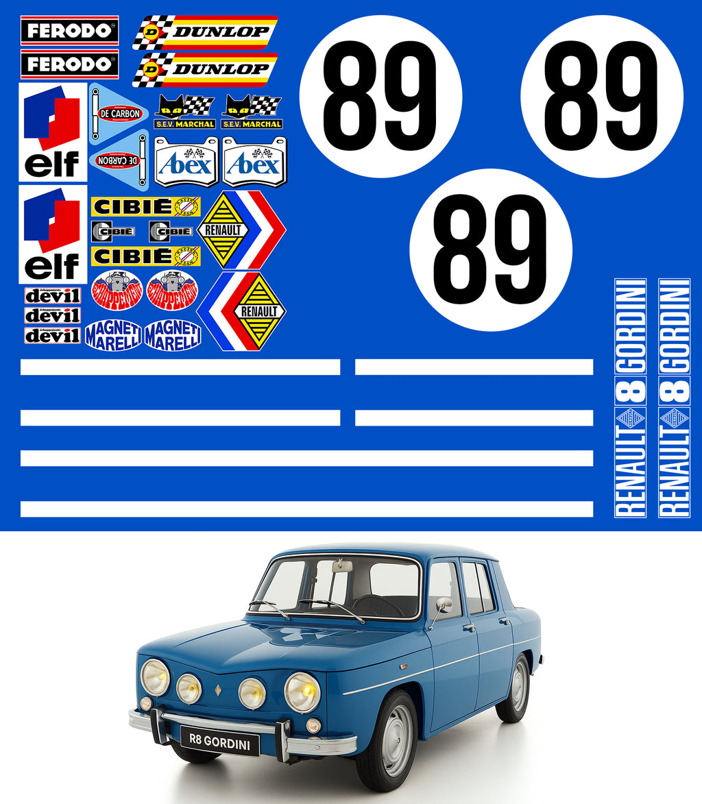 KIT STICKERS SPONSORS + BANDES + NUMEROS POUR RENAULT 8 GORDINI - Ref : KIT001