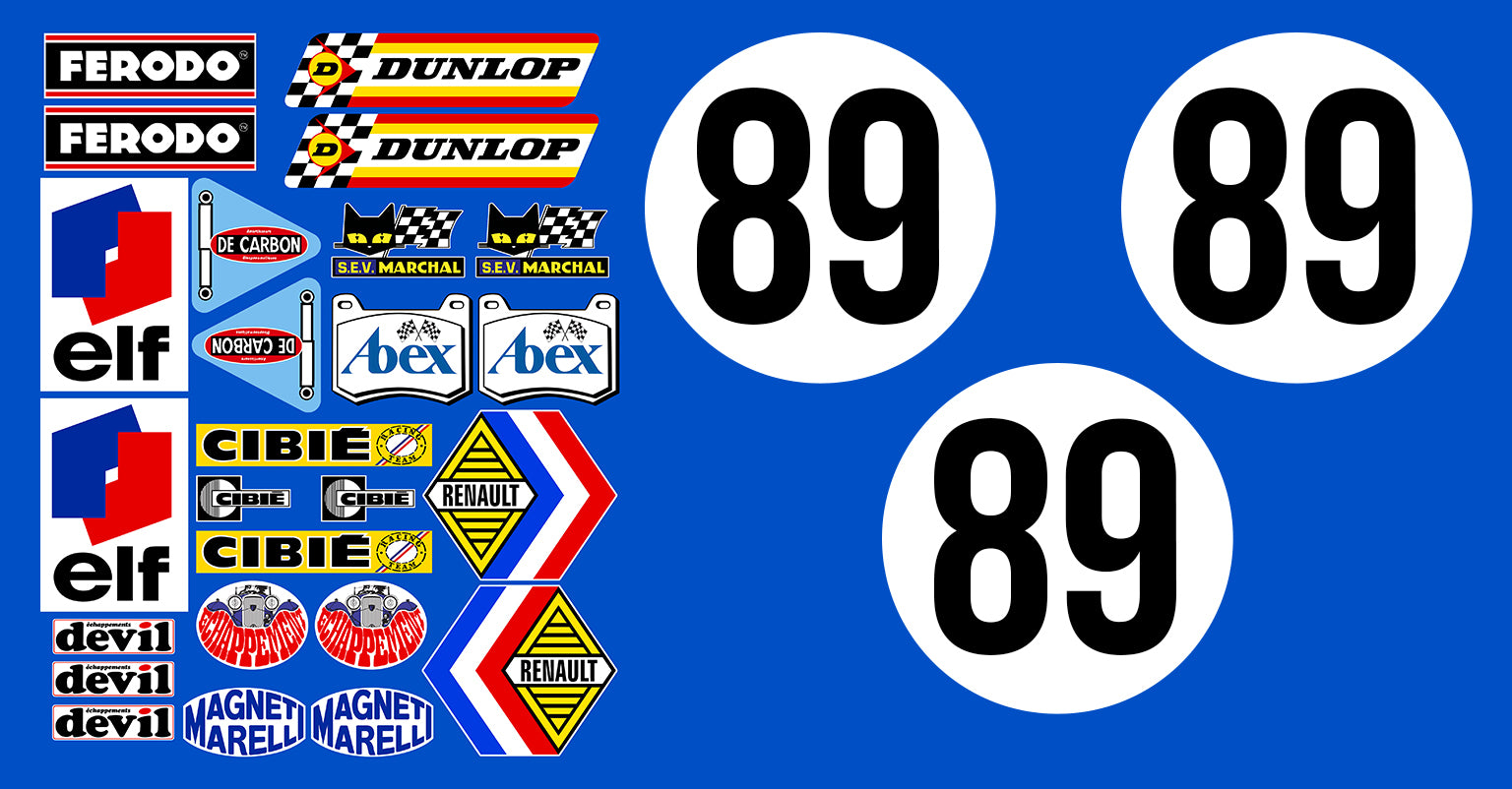 KIT STICKERS SPONSORS + BANDES + NUMEROS POUR RENAULT 8 GORDINI - Ref : KIT001