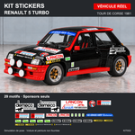 Simulation illustrée de pose des sponsors KIT002 sur Renault 5 Turbo réelle noire et rouge, formule 29 motifs sans panneaux de numéro, avec contenu exact du kit.